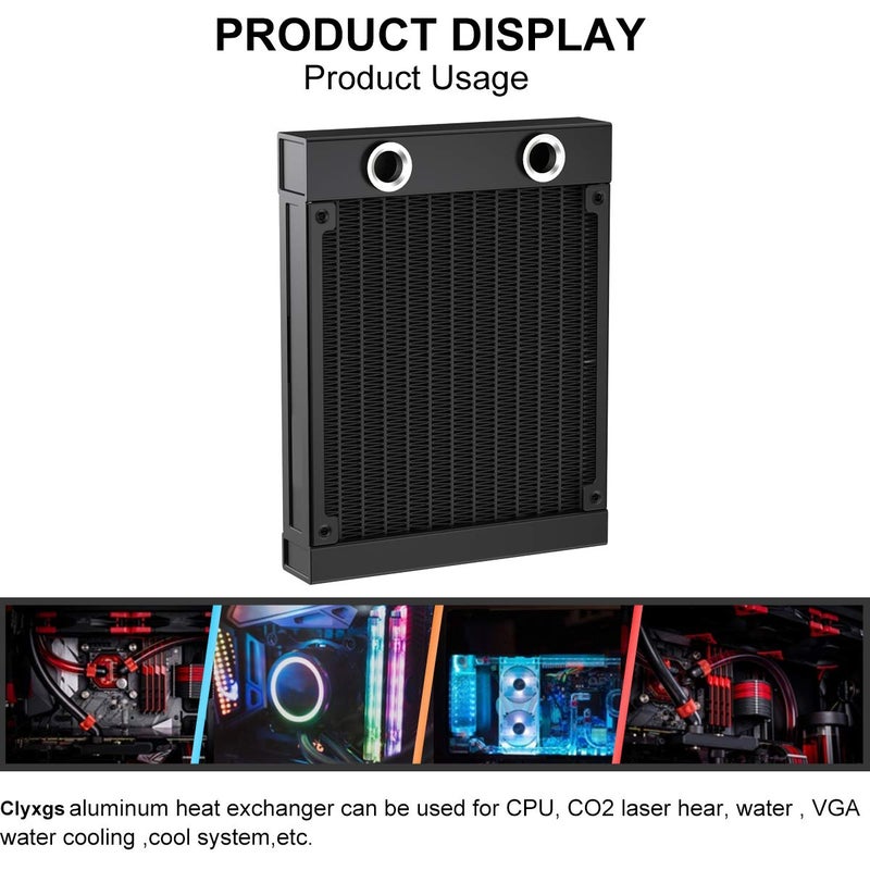 CLYXGS 120mm Black Aluminum Water Cooling Radiator, 12 Pipe G1/4 Thread Heat Exchanger for PC CPU Cooling System - Image 5